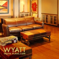 Windermere media room custom furniture, leather, ceiling beams, built in surround system