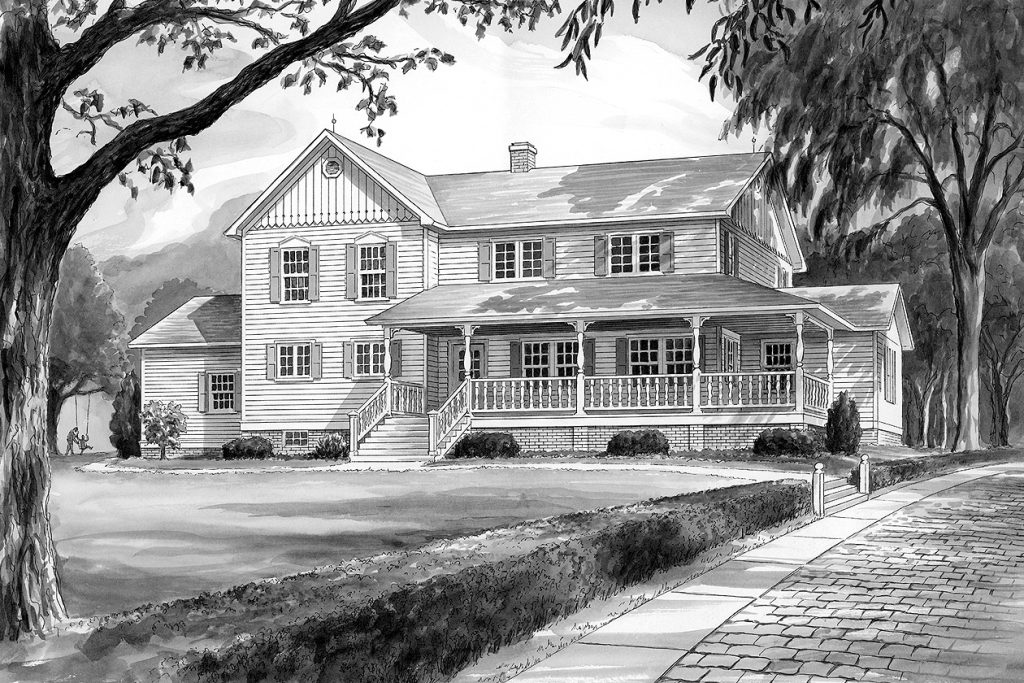 Farm house style, two story home with wide front porch. Cobblestone brick driveway. Design by Wyatt House Plans.