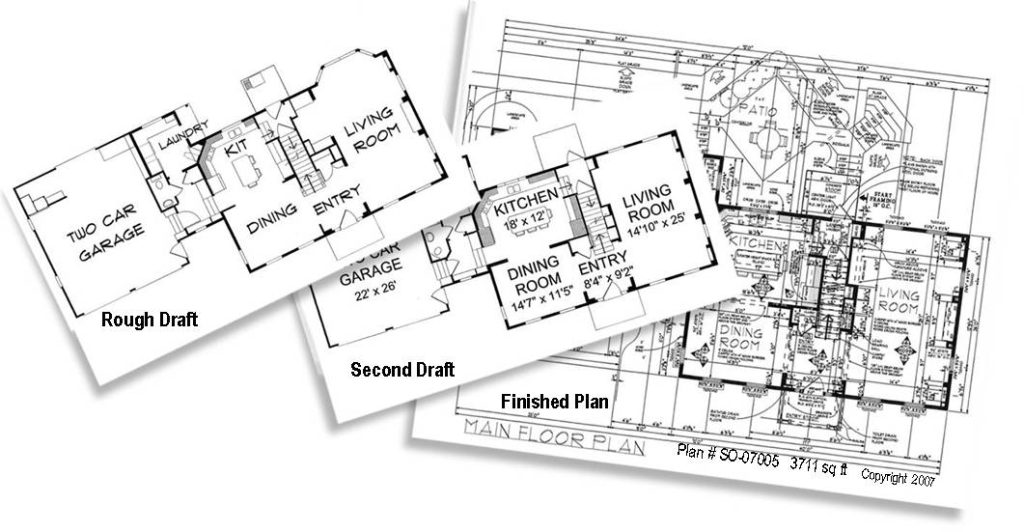 Main floor plan, rough draft, second draft, and finished plan for two story home design by Wyatt House Plans. 3711 total square feet and up to five bedrooms.