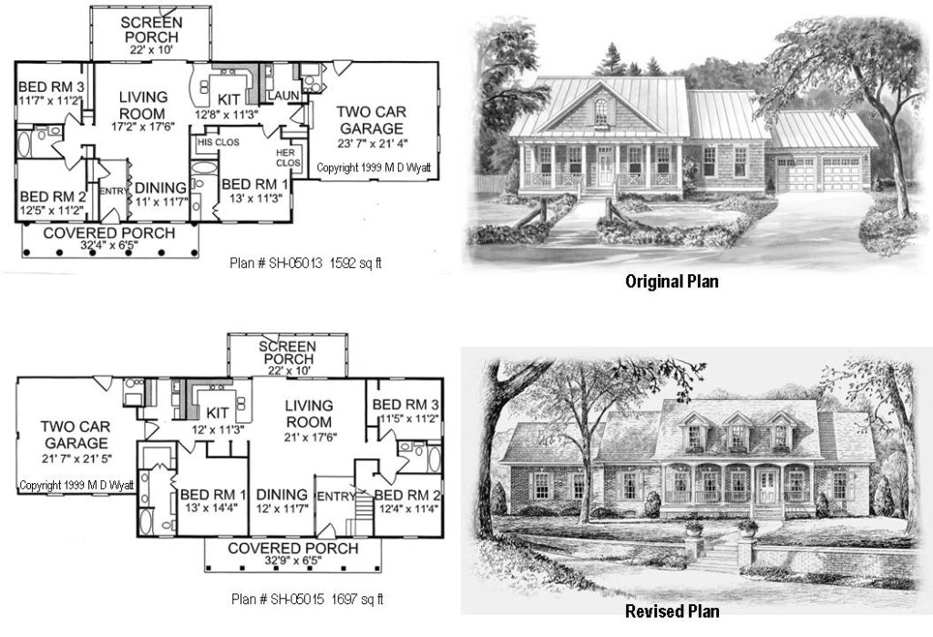 3 bedroom homes with two car garage and wide front porch.
Floor plans and exterior illustrations for two homes. Each has three bedrooms, 1592 and 1697 square feet. Shingle style cottage and brick home. Designs by Wyatt House Plans.