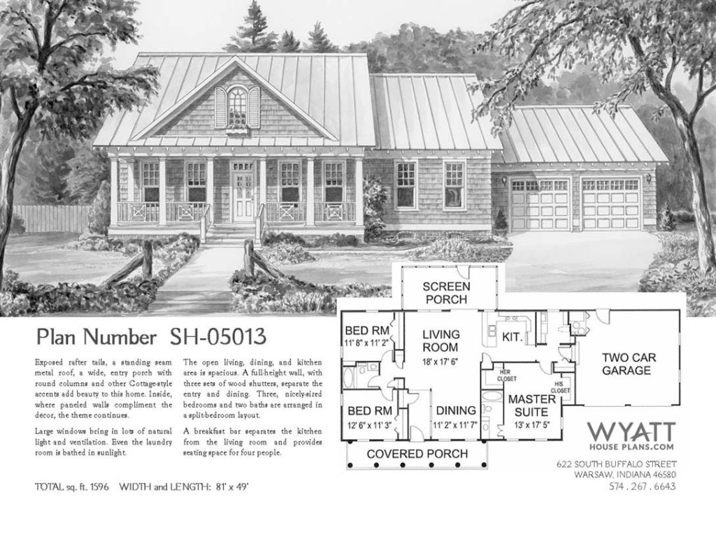 Shingle style cottage house plan with three bedrooms, two baths, two car garage, wide front porch and a stunning curb appeal. At only 1596 square feet, it is an incredible home design. The one-story ranch has an open concept, screen porch and exposed rafter tails for style.