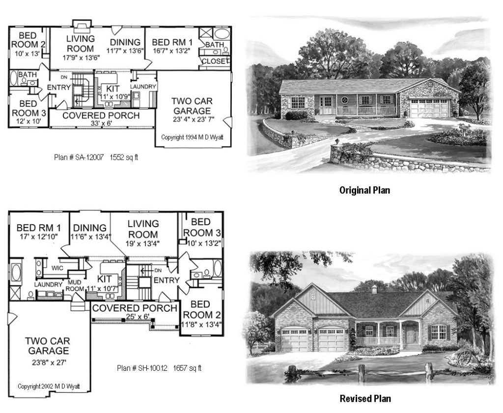 3 bedroom homes with two car garage and wide front porch.
Floor plans and exterior illustration for two Ranch homes with three bedrooms, 1552 and 1657 square feet. Stone landscape wall in foreground. Designs by Wyatt House Plans.