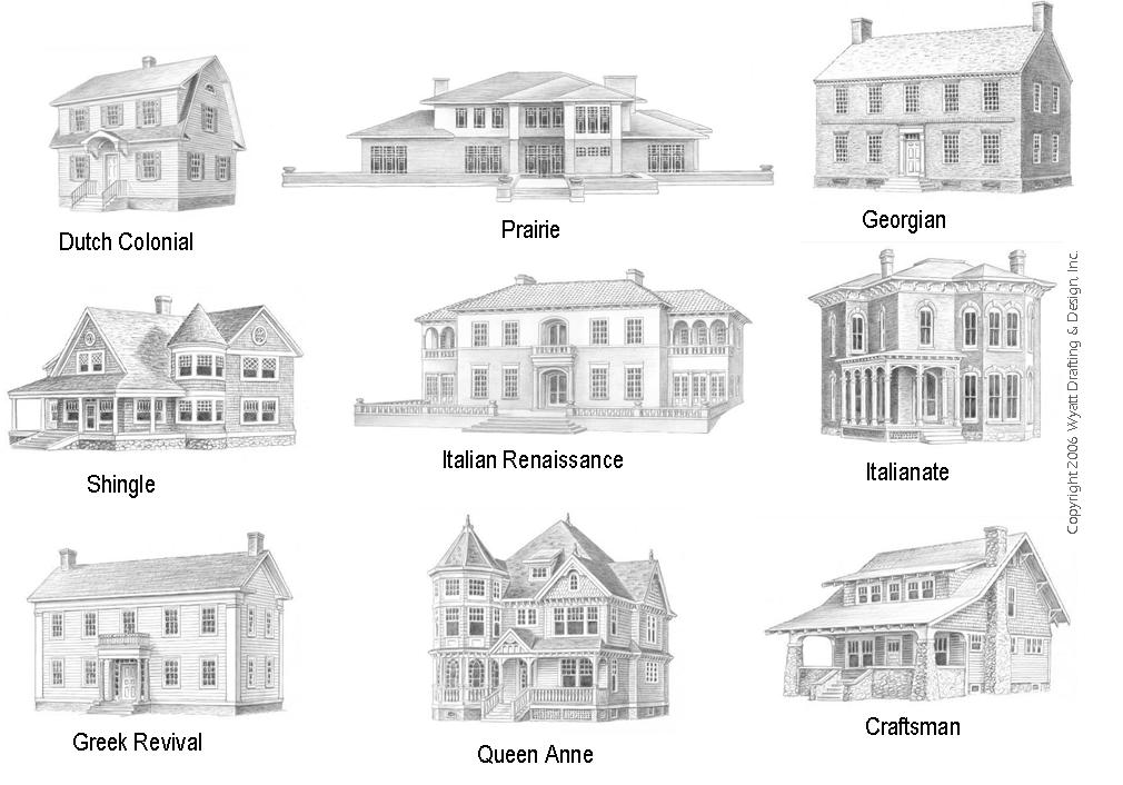 Dutch Colonial, Prairie, Georgian, Shingle, Italian Renaissance, Italianate, Greek Revival, Queen Anne, and Craftsman home styles.