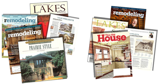 Magazines with Wyatt House Plans, included are The Old House, Remodeling, Lakes, and a book titled Prairie Style. 