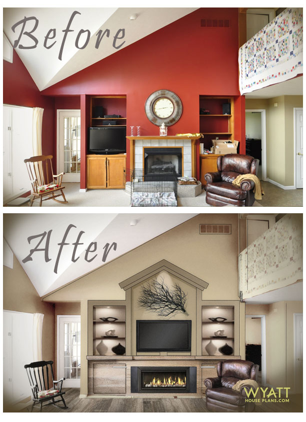 fireplace wall, branches, geometric, shelves, TV